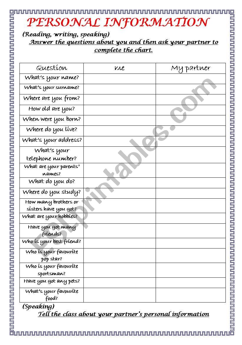 Personal Information  worksheet