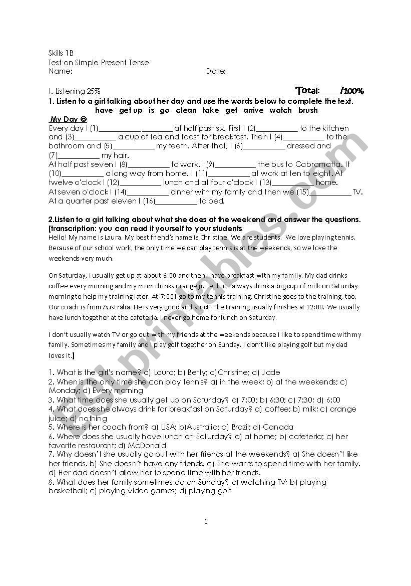 Present Simple Test Sheet worksheet