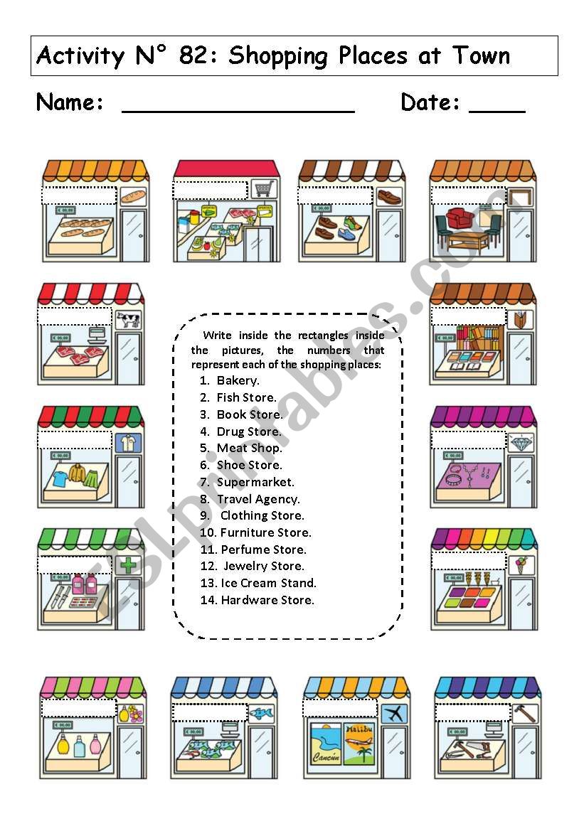 SHOPPING PLACES AT TOWN worksheet