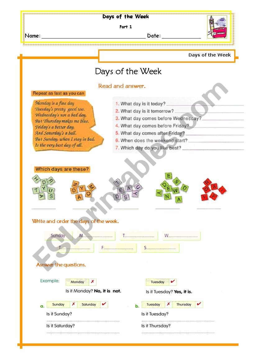 Days Revision Worksheet - part 1