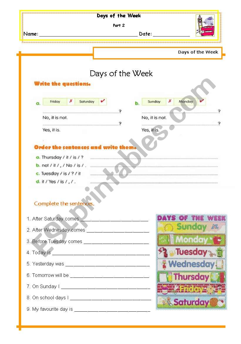 Days of the Week - part 2 worksheet