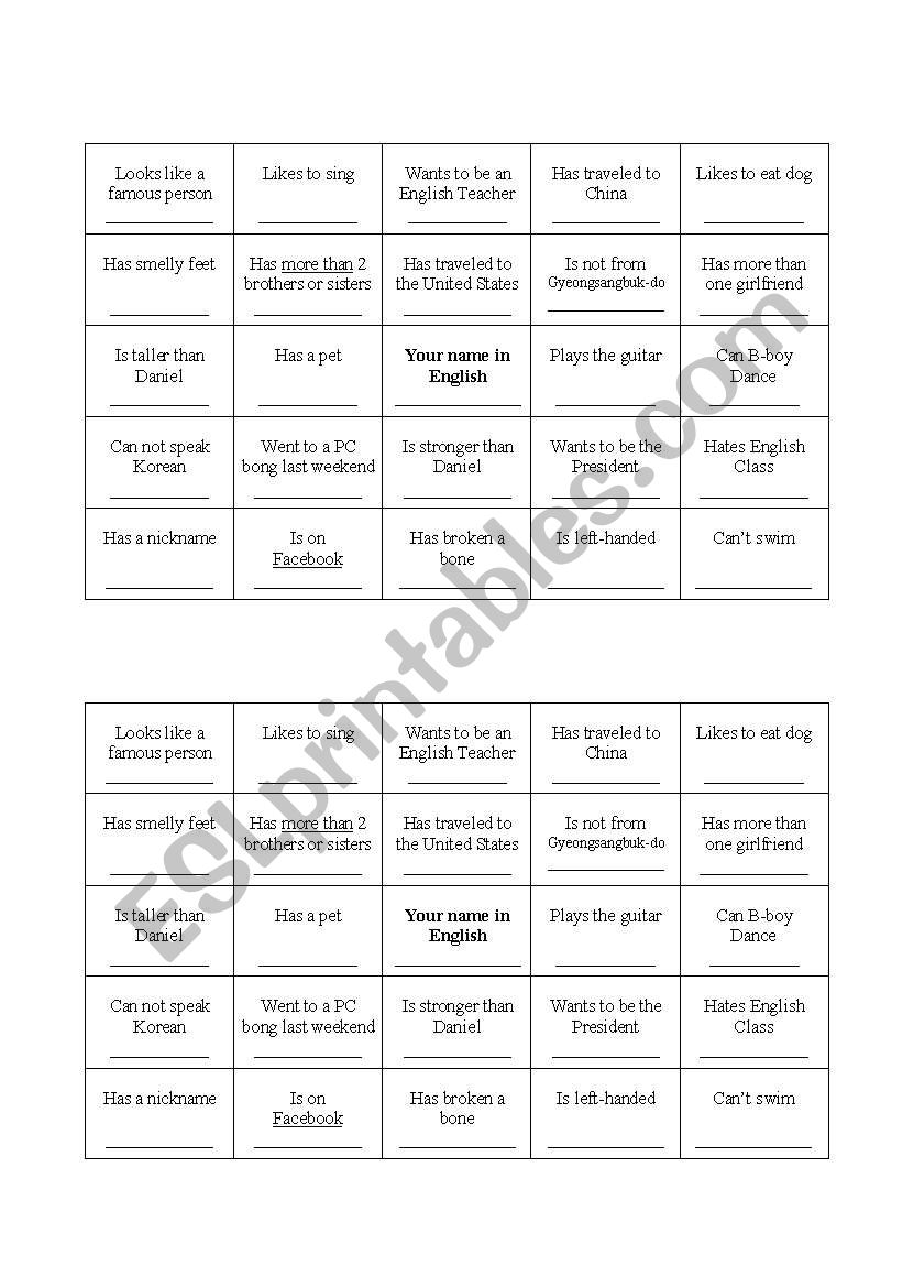 Human Bingo worksheet