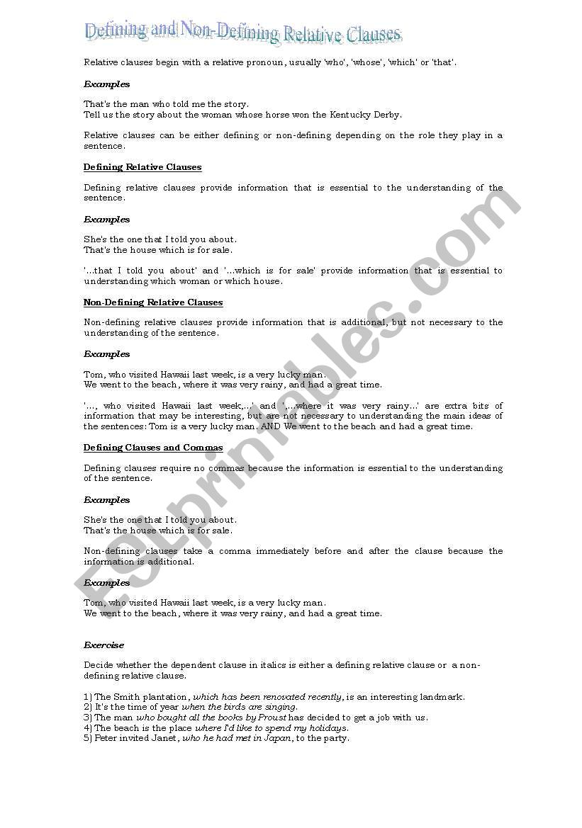 Defining and non defining relative clauses