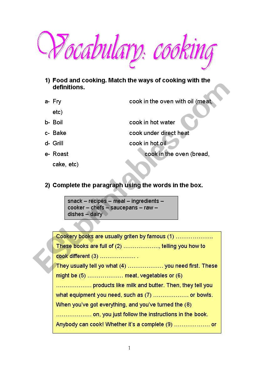 Vocabulary: cooking worksheet