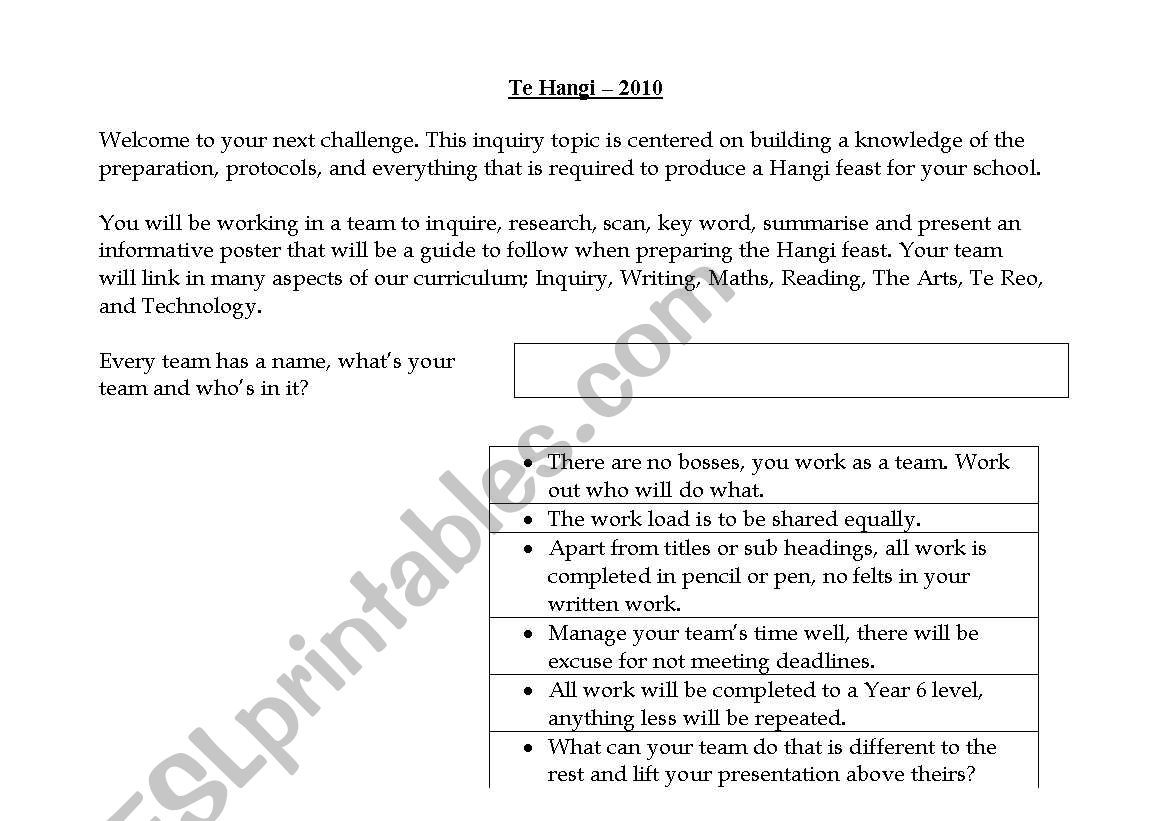 Inquiry Study - Te Hangi worksheet
