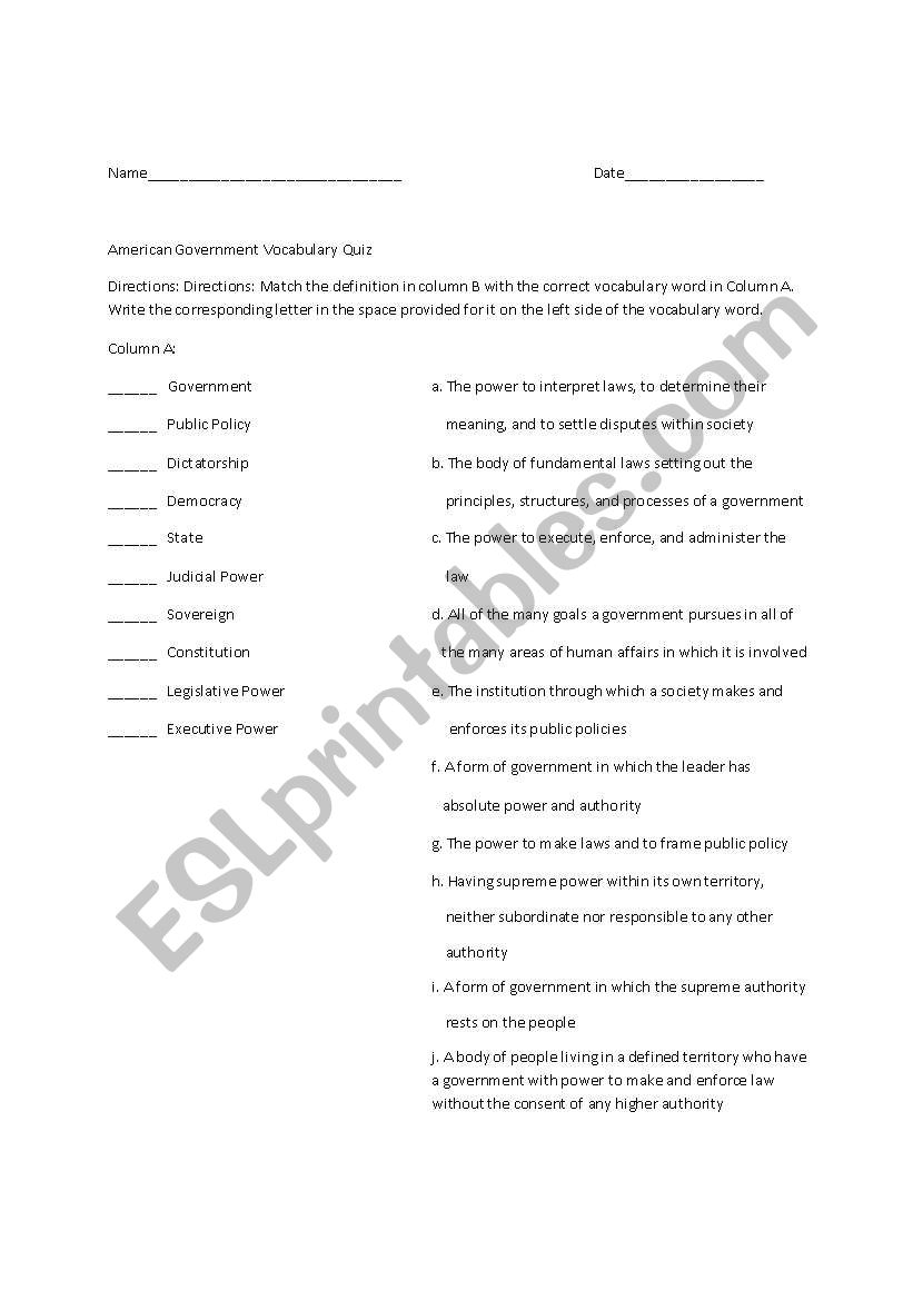 American Government quiz worksheet