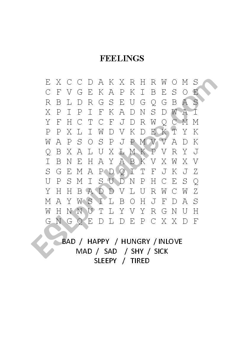 Feelings wordsearch worksheet