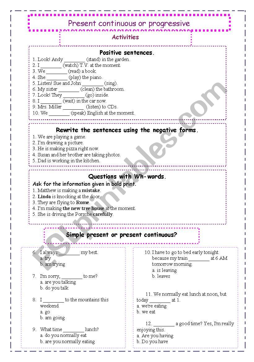 Present continuous or progressive ACTIVITIES