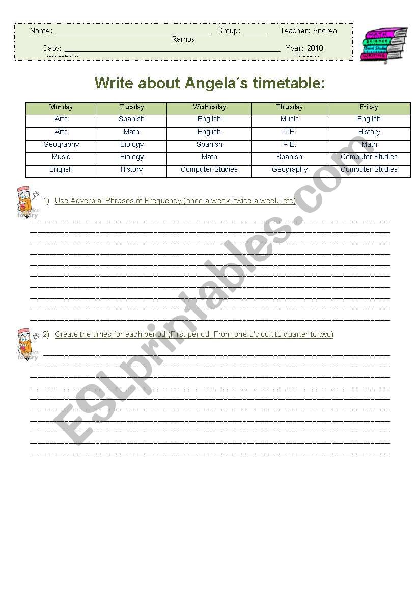 Angelas timetable worksheet