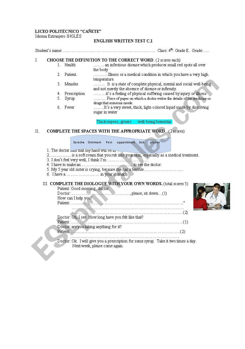 health vocabulary worksheet