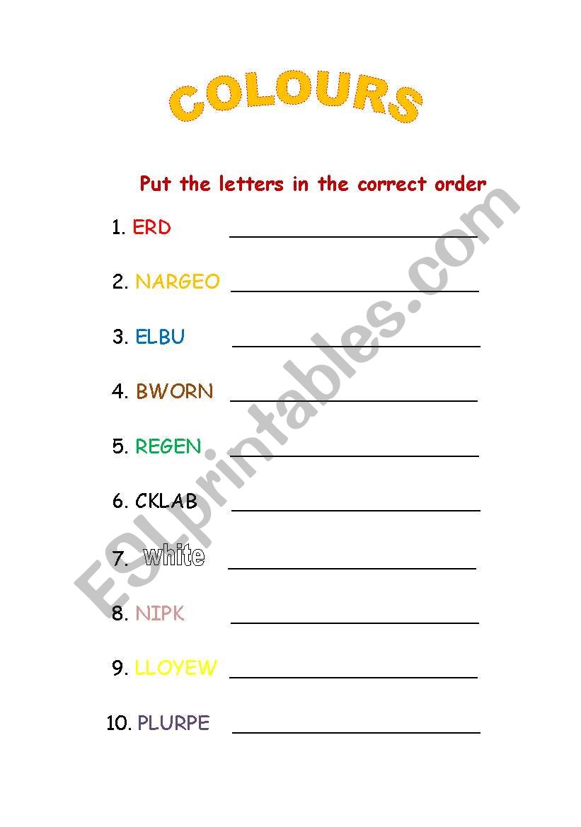 Colours anagram worksheet