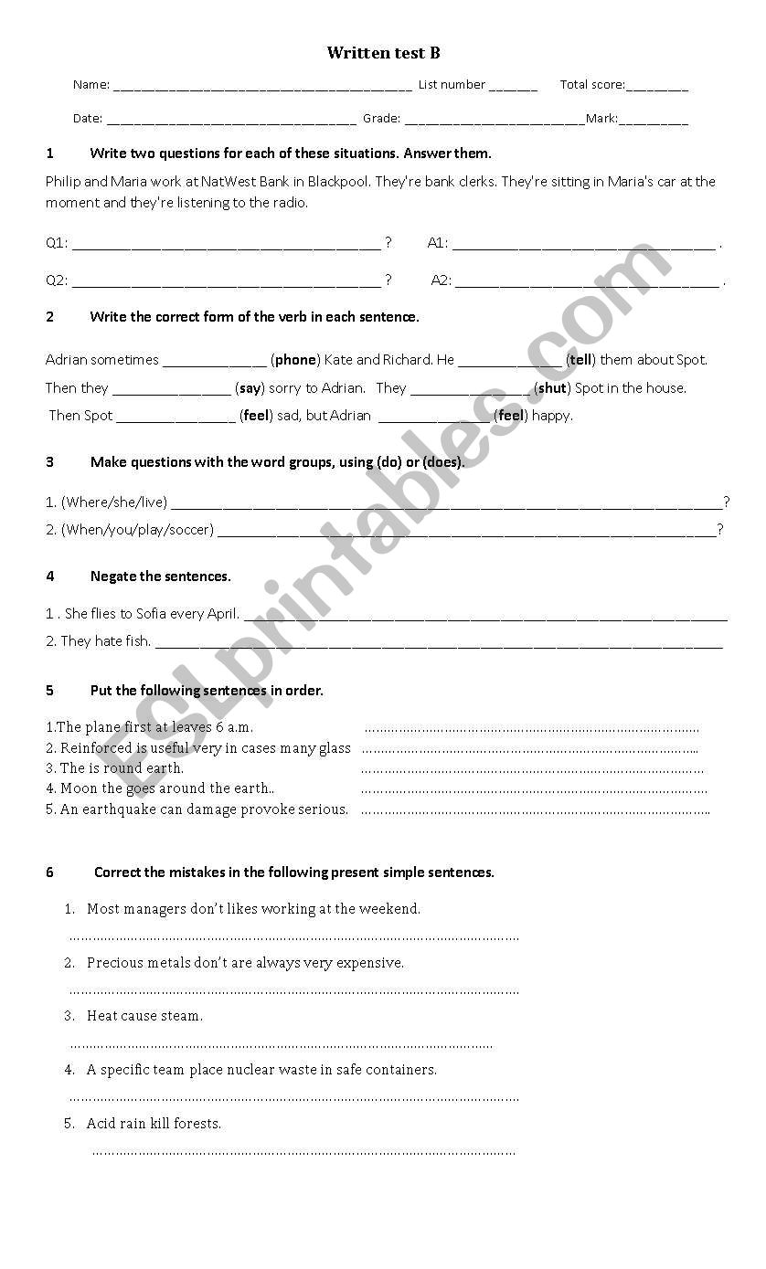 English Test worksheet