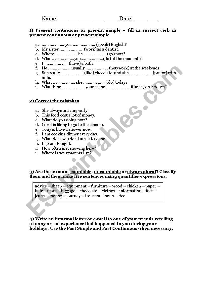 Exam sample 5th level worksheet