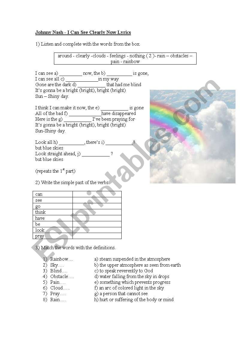 I can see clearly now - song worksheet