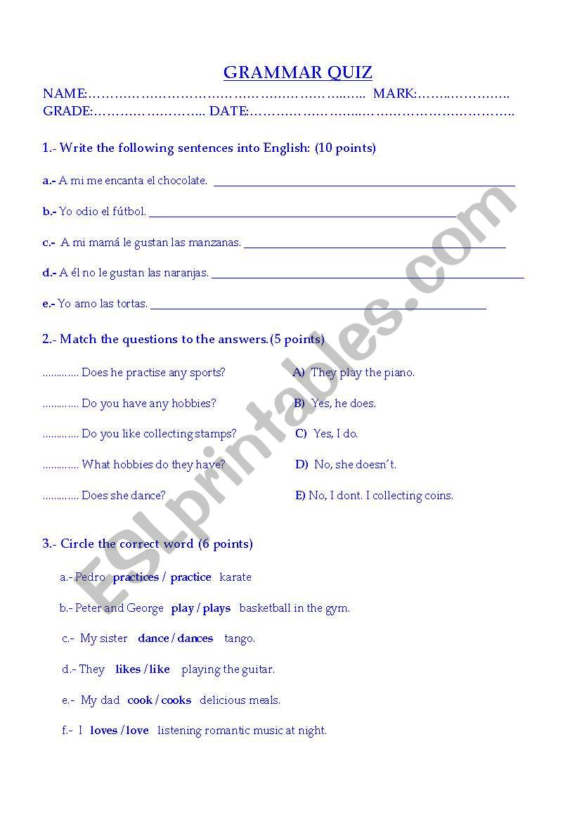 likes and dislikes worksheet