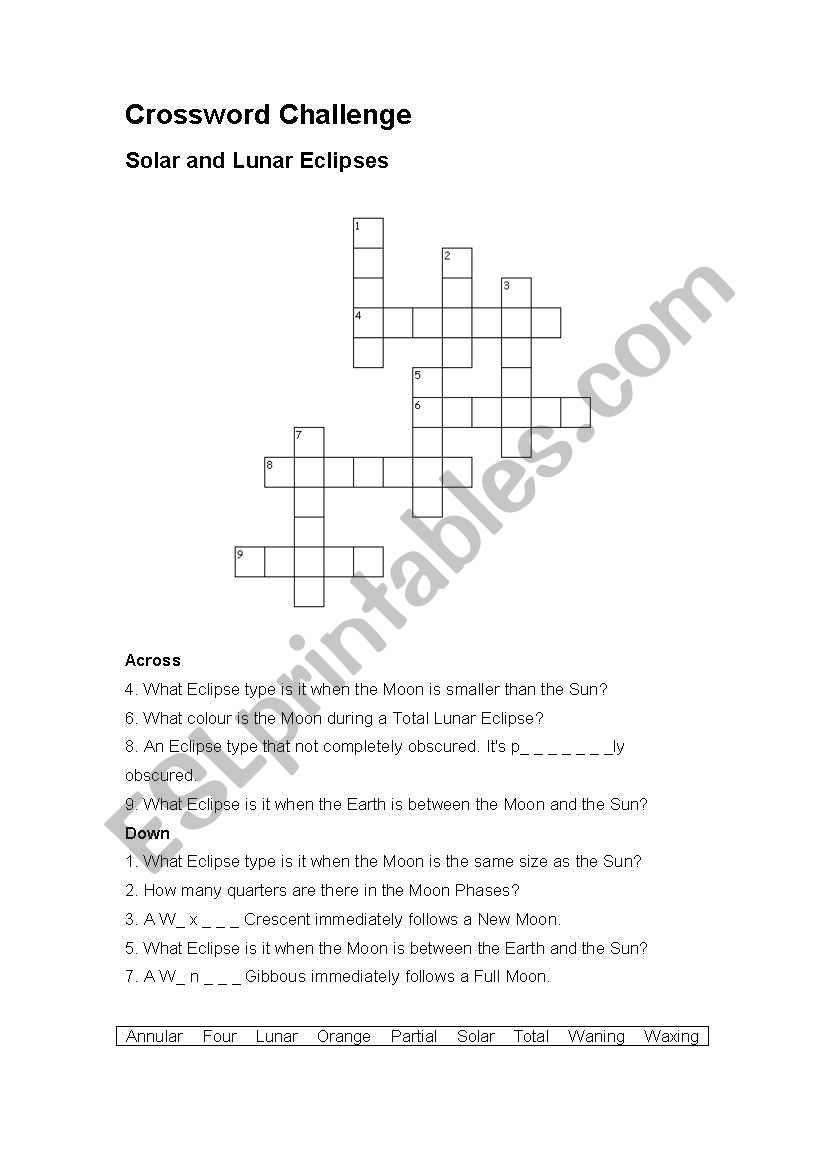 English worksheets: Solar and Lunar Eclipse Crossword Challenge In Solar And Lunar Eclipses Worksheet