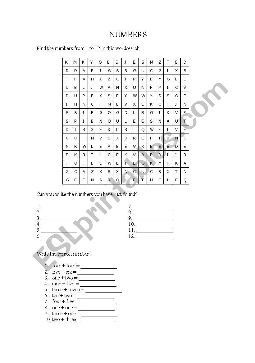 NUMBERS FROM 1 TO 12 worksheet