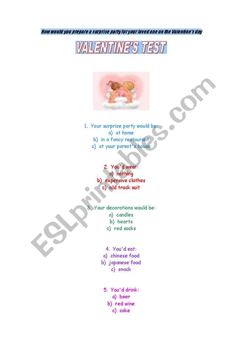 Valentines test worksheet