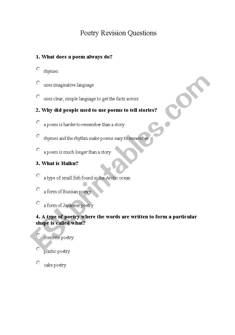 Poetry Revision Questions worksheet
