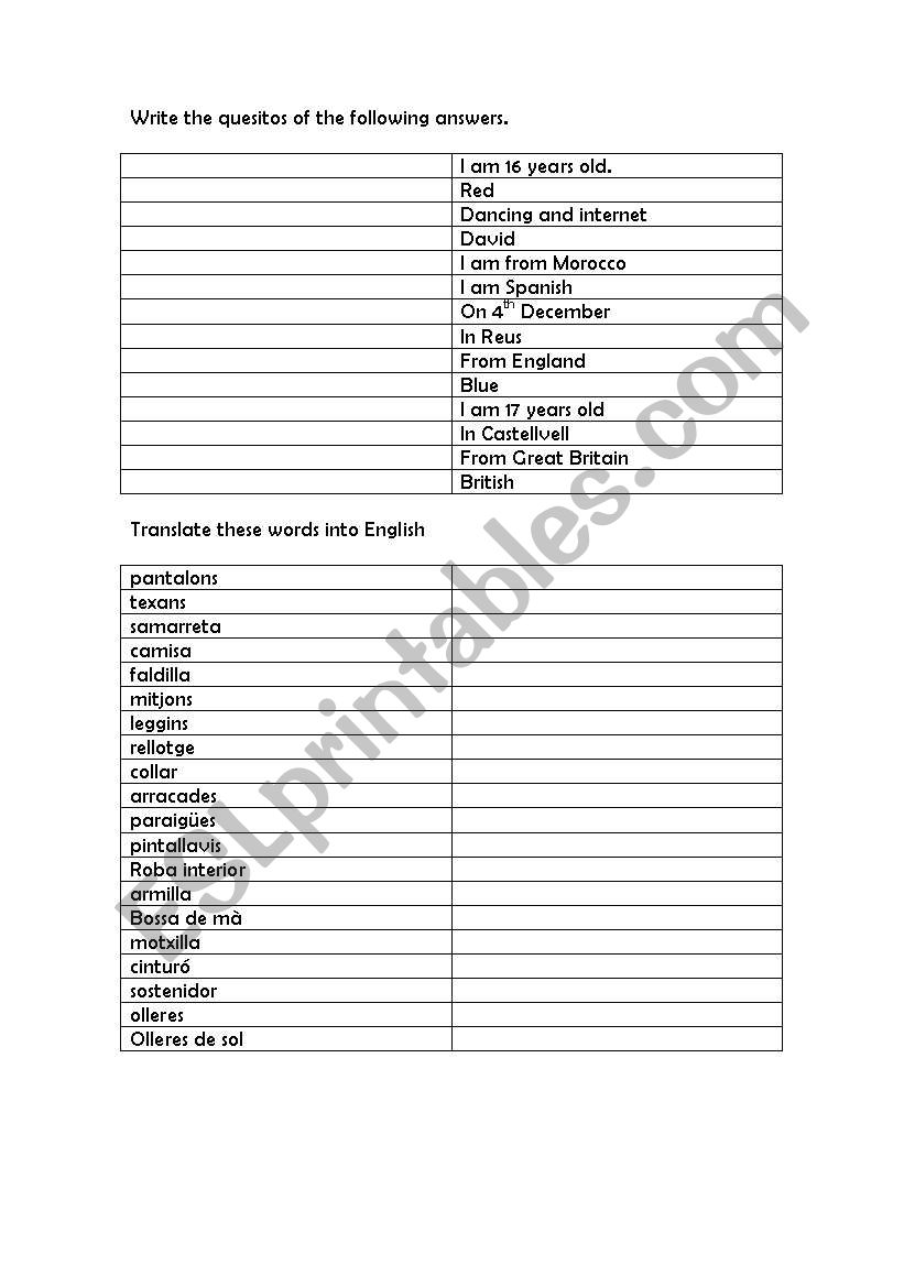 Write the following questions worksheet