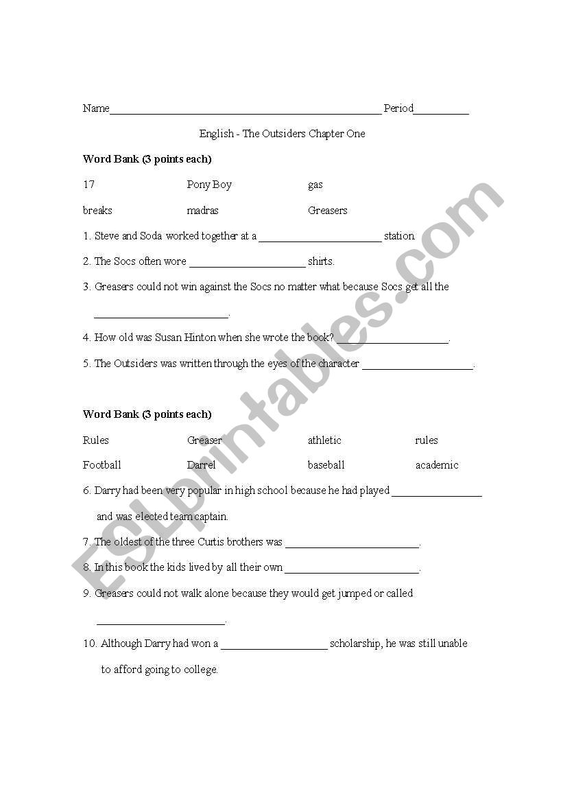 The Outsiders Chapter # 1 Test