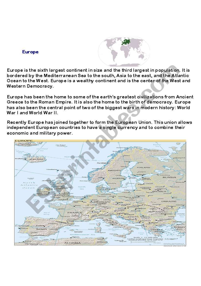 Europe worksheet