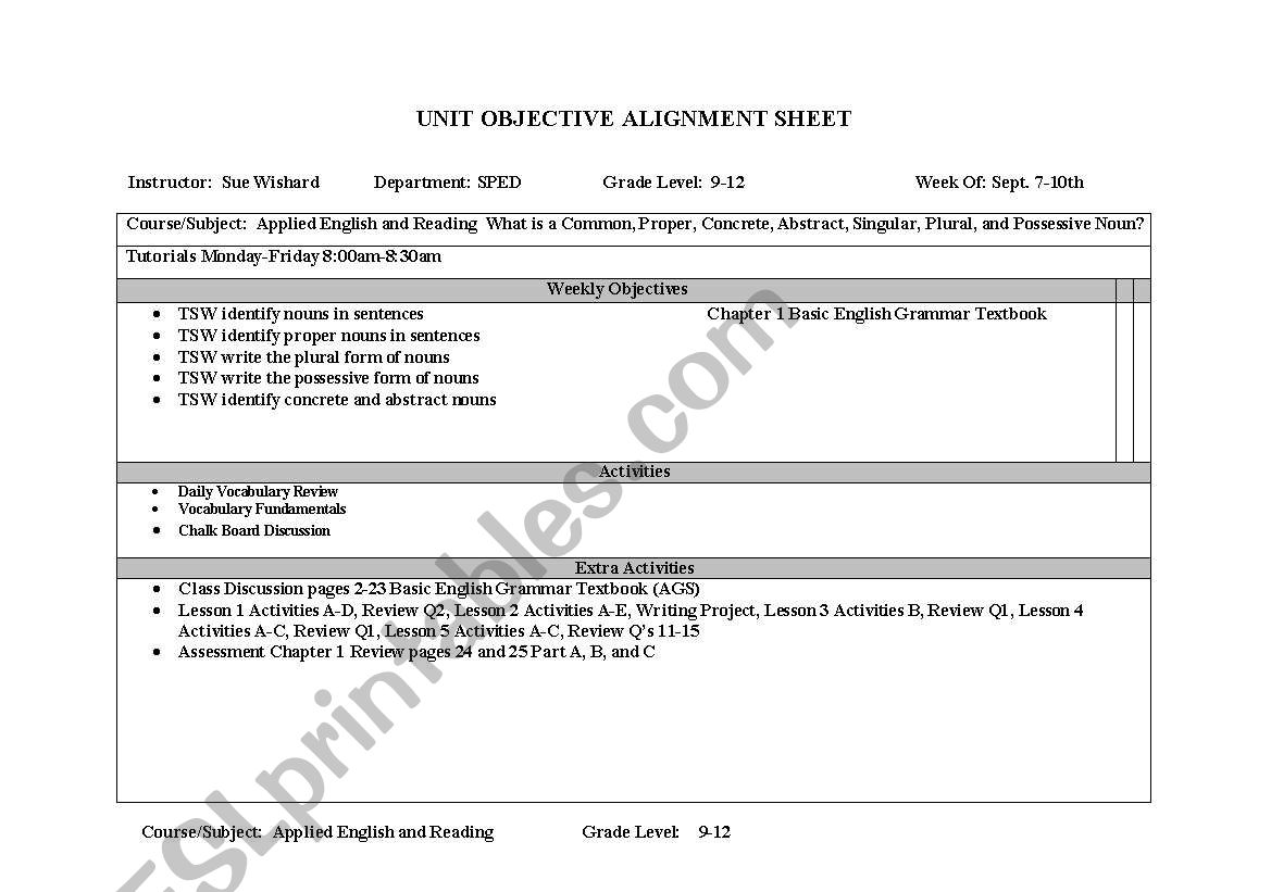 English Lesson Plan worksheet