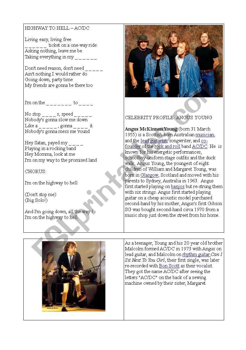 AC/DC Song Worksheet with Vocabulary Test