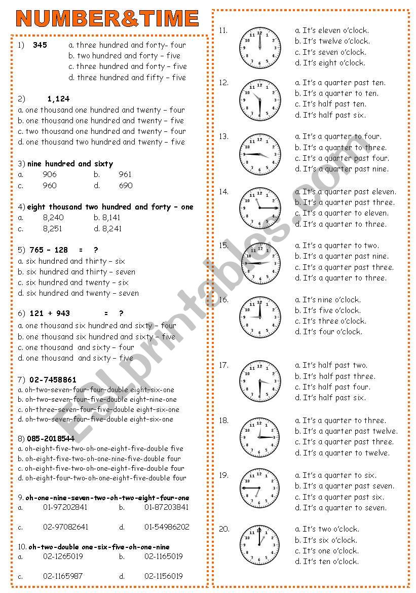 NUMBER & TIME worksheet