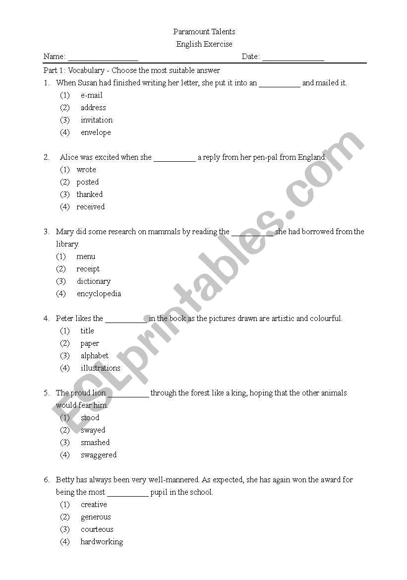 Vocabulary worksheet