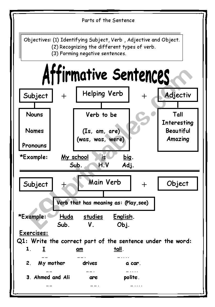 Worksheet For Parts Of A Sentence