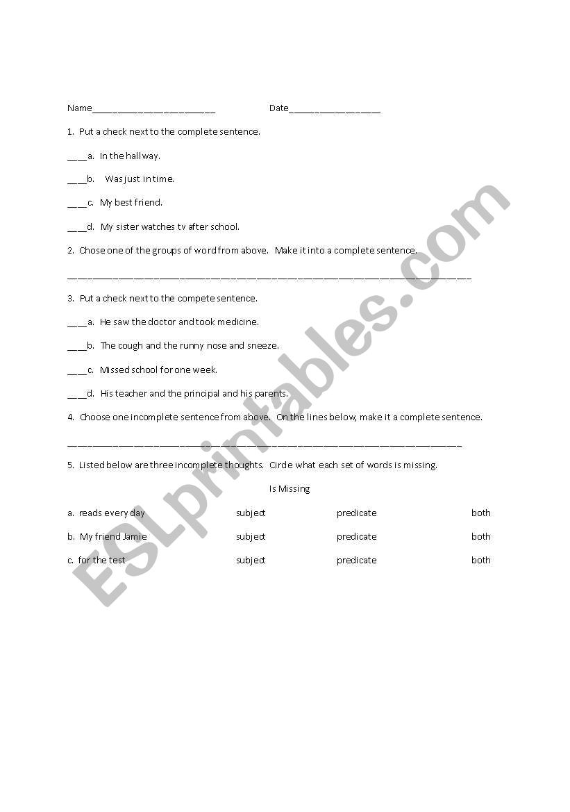 Complete Sentences  worksheet