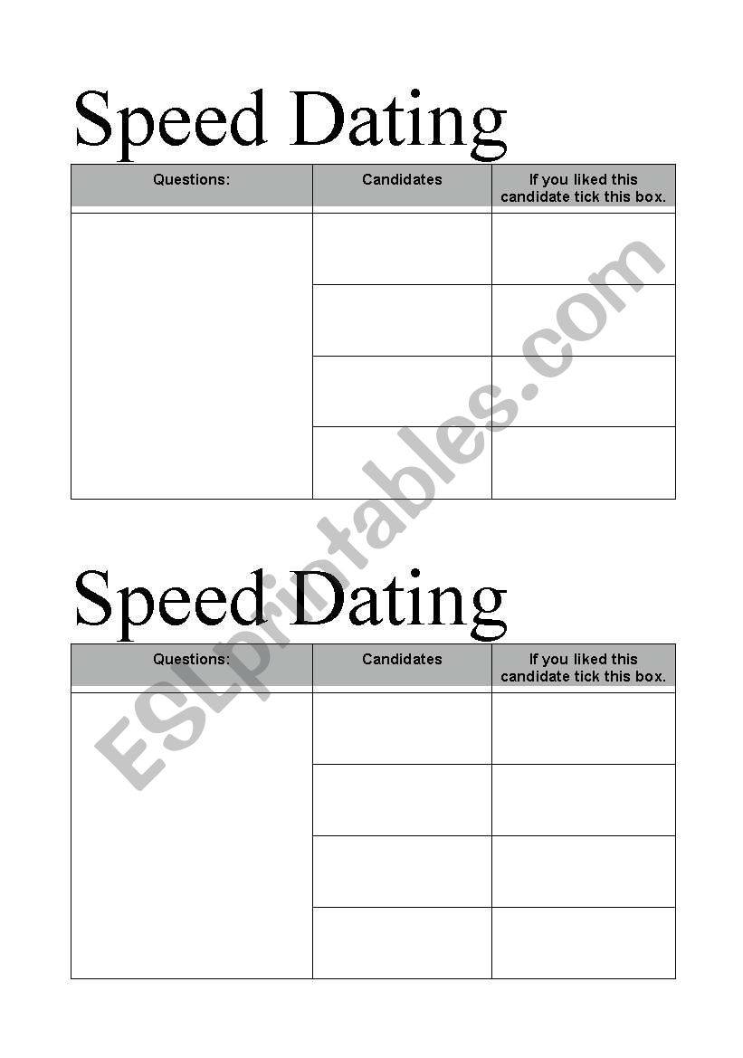 Speed dating worksheet