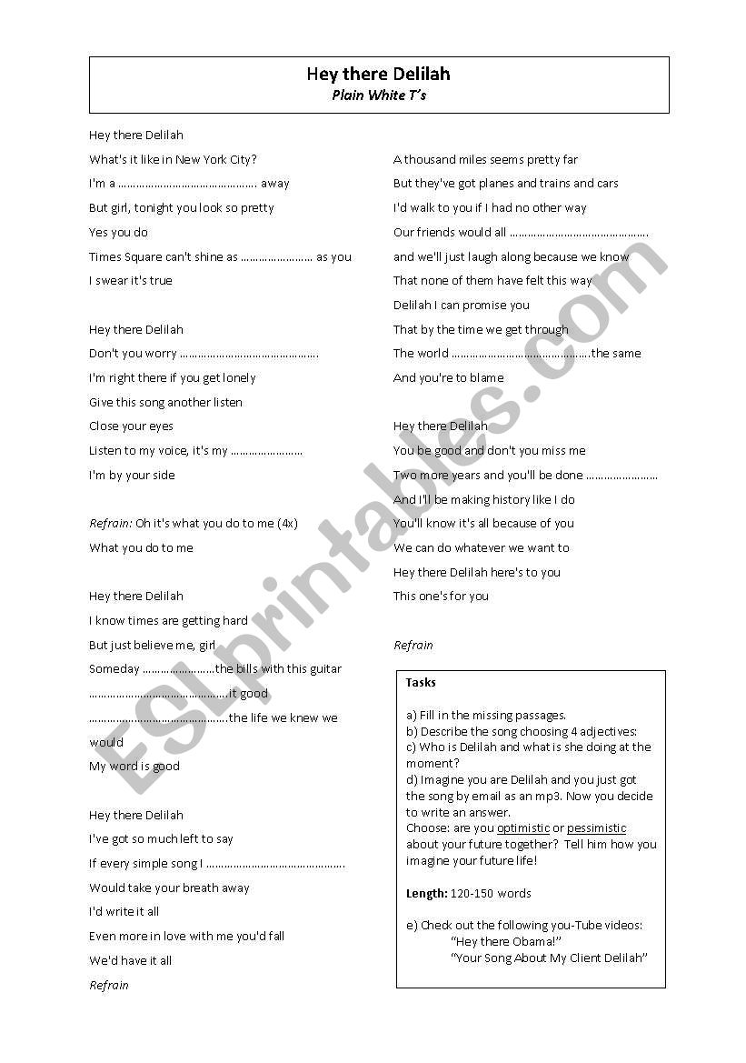 Hey There Delilah - Lyrics and Follow-up writing tasks