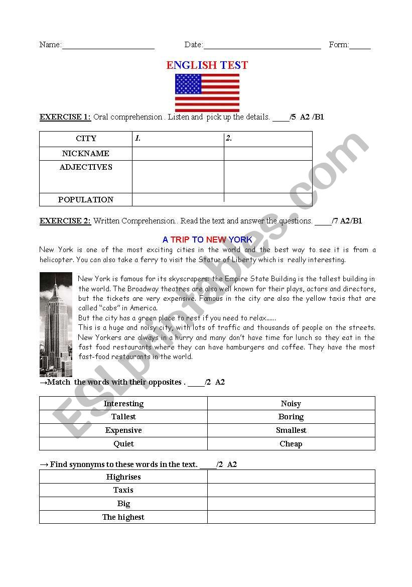 The USA : General Test worksheet