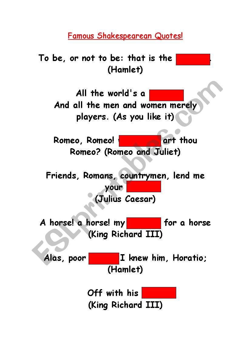Famous Shakespearean Quotes worksheet
