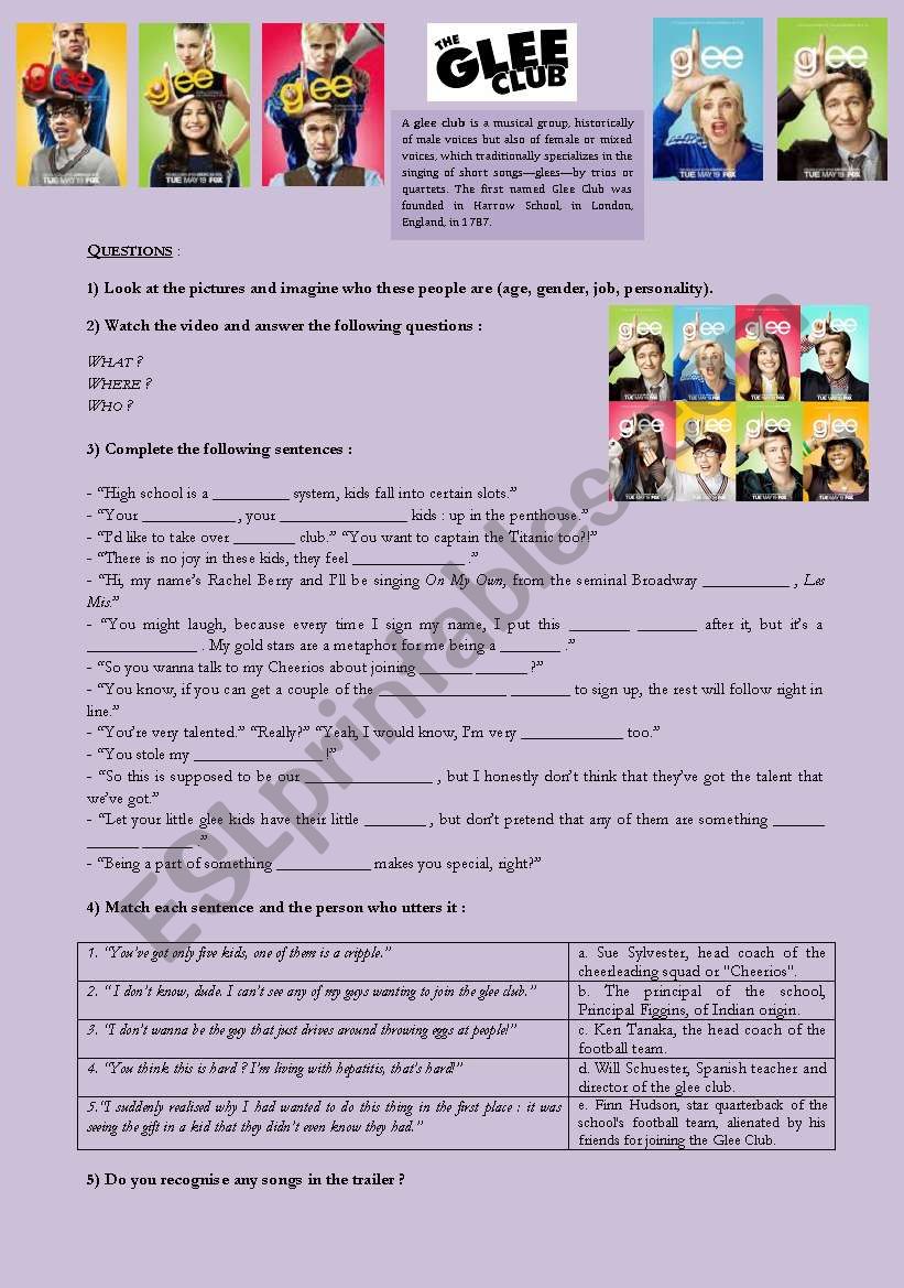 Glee Extended Trailer worksheet