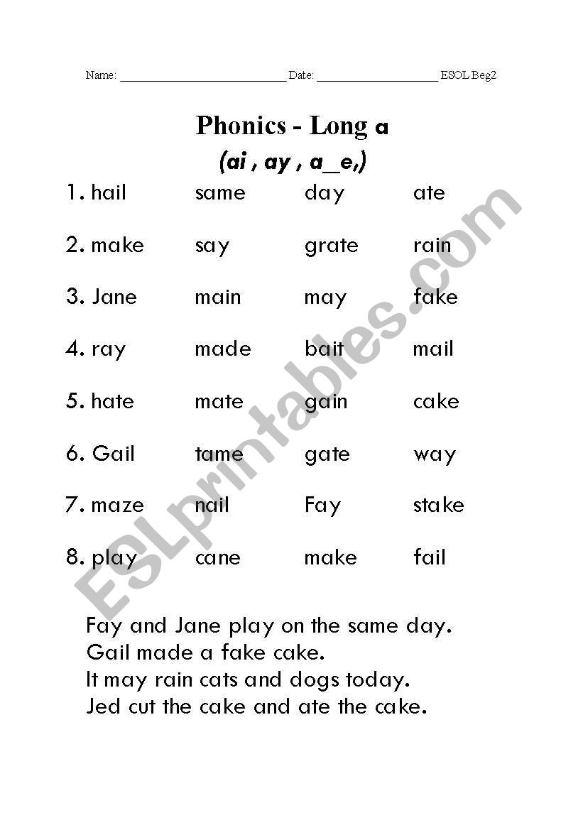Long a Phonics worksheet
