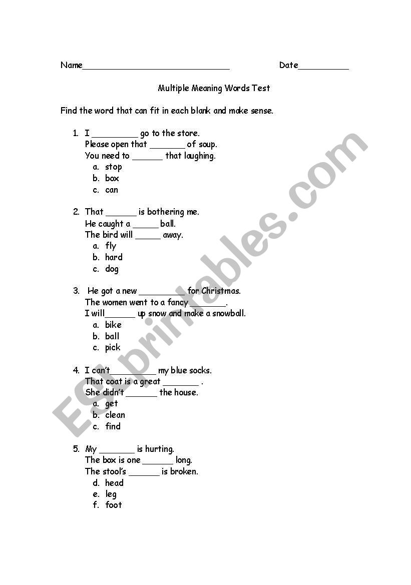 Multiple Meaning Words worksheet