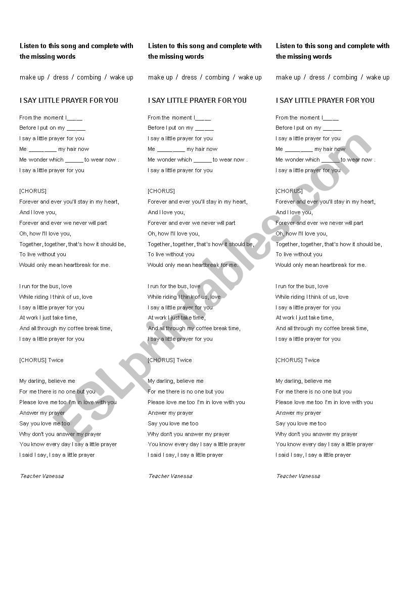 I say a little prayer worksheet