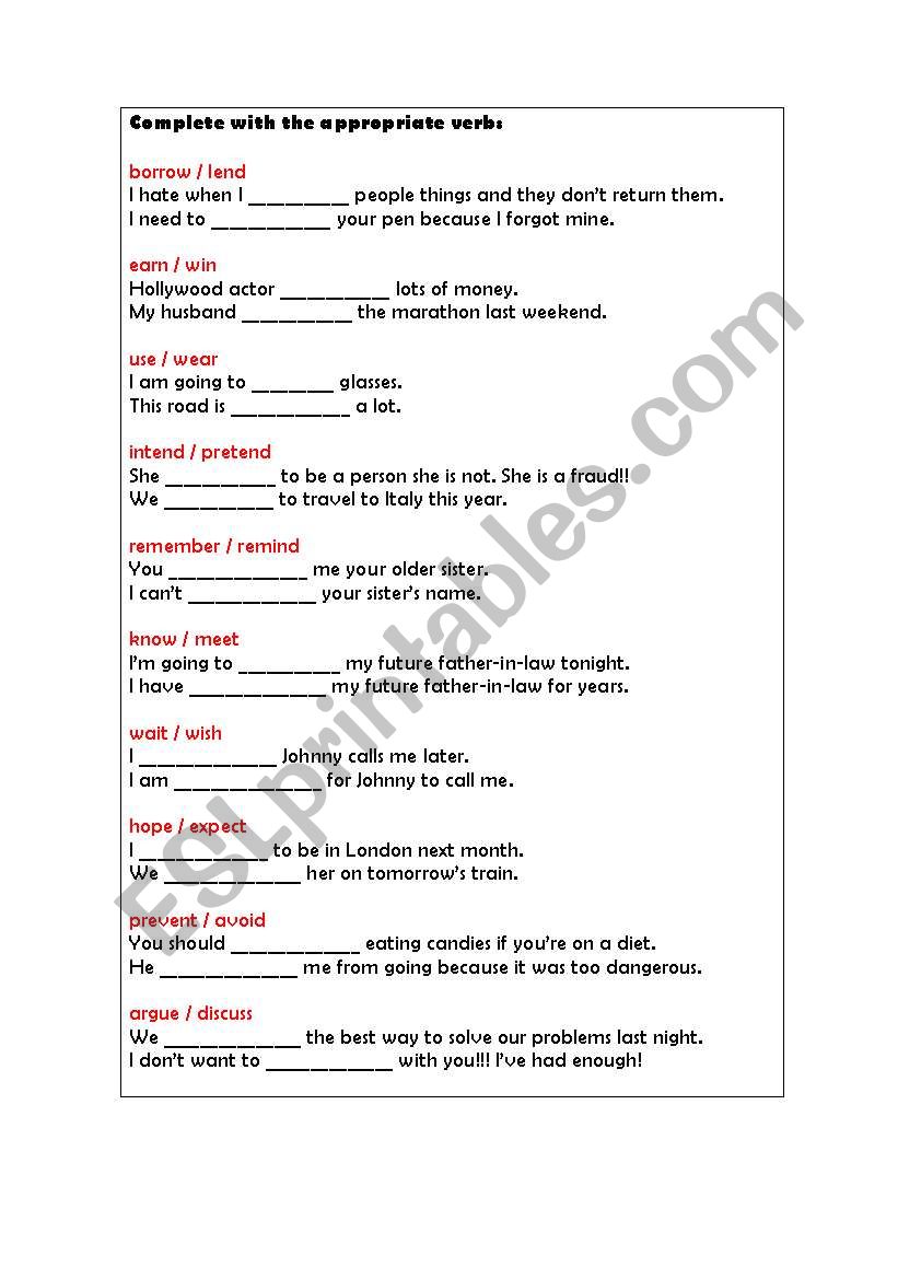 verbs easily confused worksheet