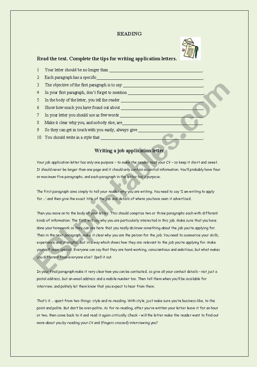 Writing a job application worksheet
