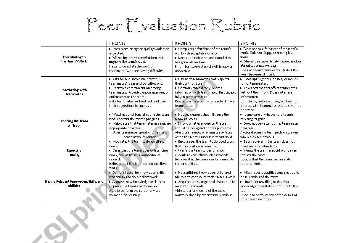 Peer evaluation Rubric worksheet