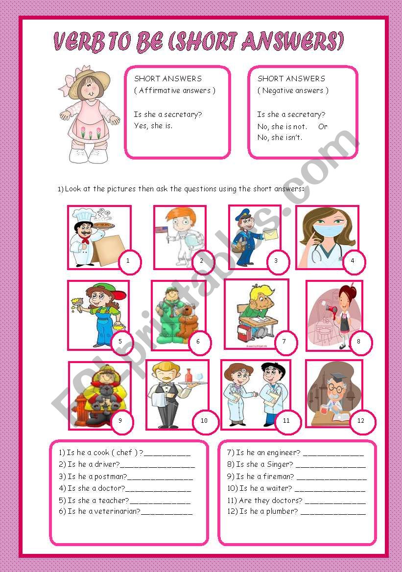 SHORT ANSWERS ( VERB TO BE ) worksheet