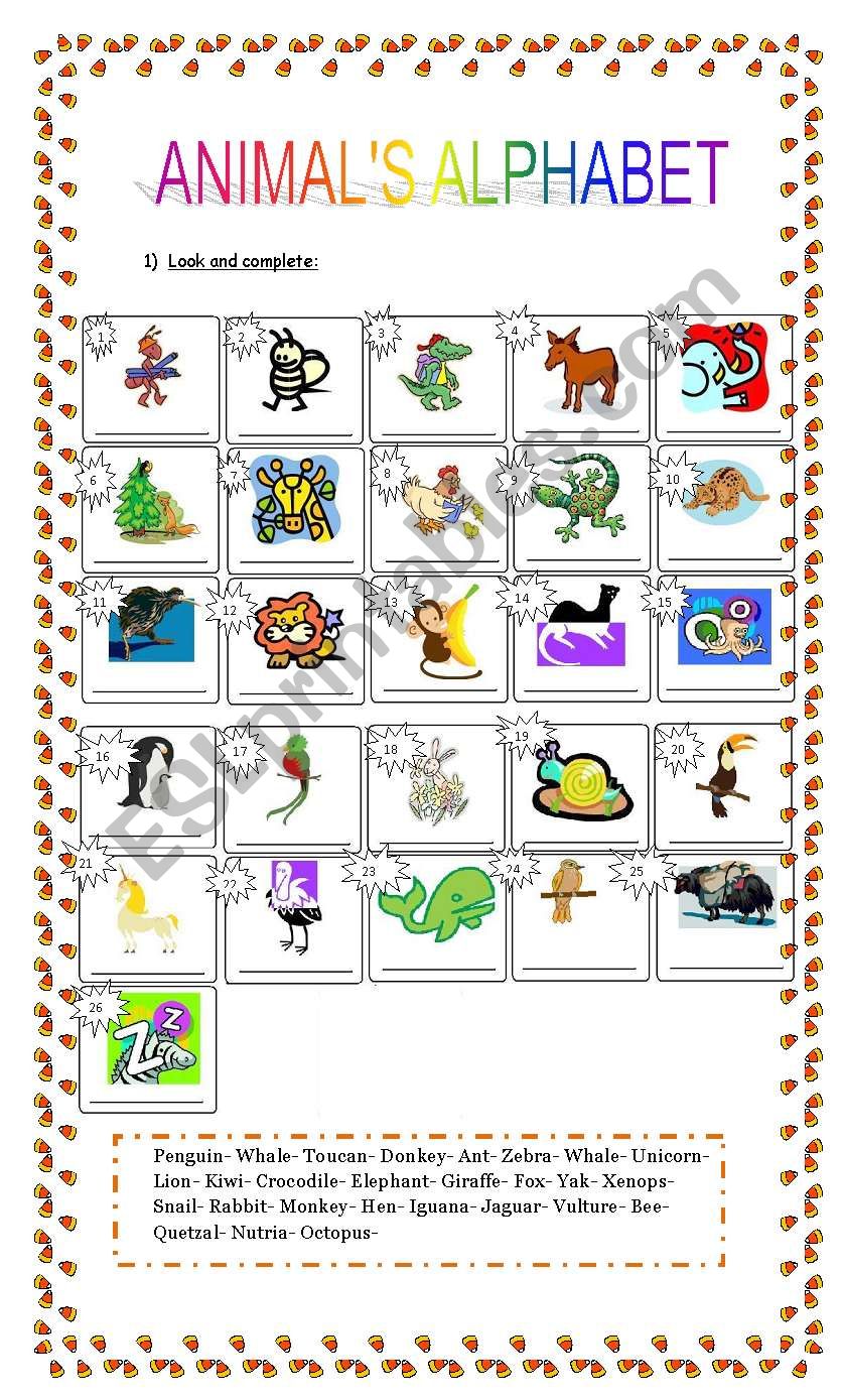 Animals alphabet worksheet