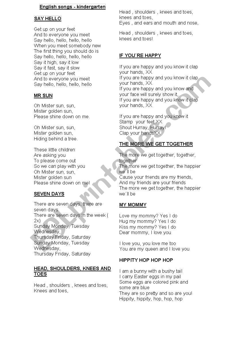 kindergarten songs worksheet