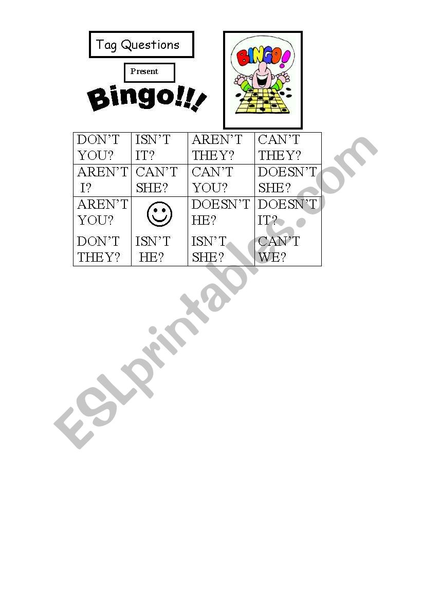 Tag Questions Bingo worksheet