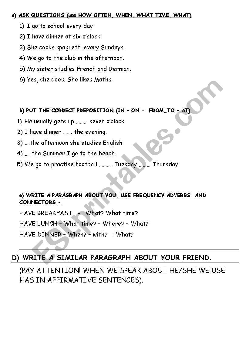 DAILY ROUTINES - FREQUENCY ADVERBS - PRONOUMS - EXERCISES