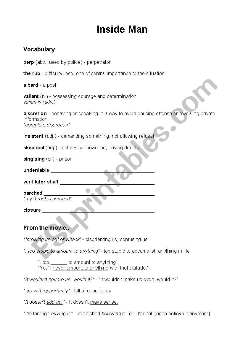 Inside Man worksheet