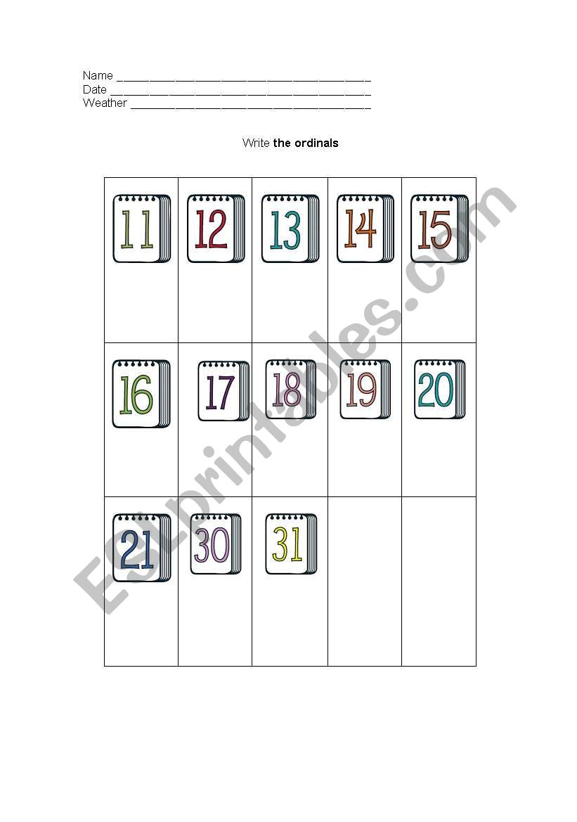 Ordinals 10 to 20 worksheet